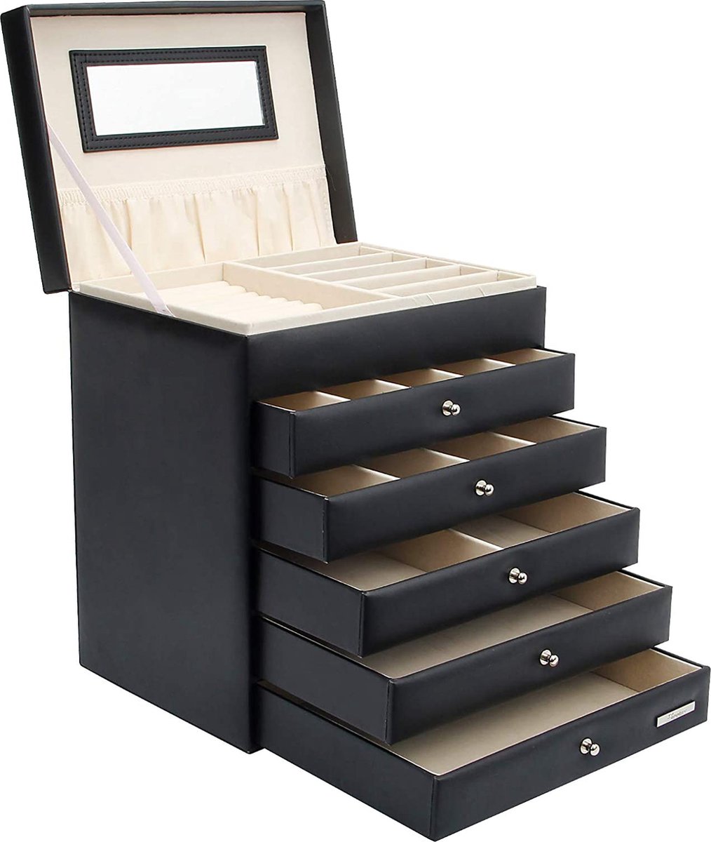 Yorbay juwelendoos - beautycase - sieradendoos - juwelenkast- koffer - sieradenkoffer met spiegel, 5 laden (zwart)