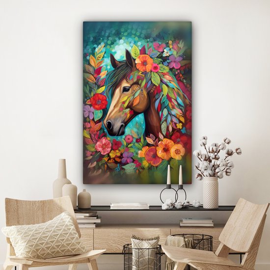 Peinture sur toile 90x140 cm - Décoration murale Cheval - Fleurs - Tableau - Nature - Peinture - Décoration murale murale salon - Décoration chambre - Accessoires chambre - Peintures