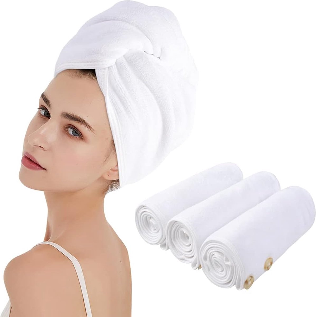 Tulband handdoek met knoop, microvezel, haartulband voor het haar, sneldrogend, haarhanddoek, super absorberend en zacht voor lang haar en alle haartypes, 25 cm x 65 cm, 3 stuks, wit
