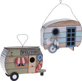 Set van 2x stuks houten vogel voeder huisjes voor pindas/vetbollen caravan blauw en groen - Winter vogelvoer huisjes