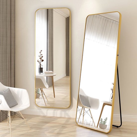 Buxibo Passpiegel - Minimalistische Design Wandspiegel - Staande Rechthoekige Spiegel met Metalen Rand - Modern - Kleedkamer Spiegel/ Badkamerspiegel - Goud - 50x160x3 CM
