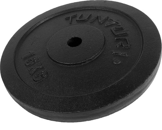 Foto: Tunturi halterschijf halter gewichten 1 x 15 kg 30 mm gietijzer incl gratis fitness app