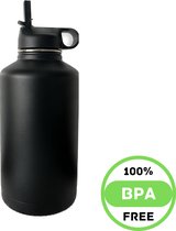 Waterfles Zwart - 2 Liter - Drinkfles - Waterfles met rietje - Drinkfles met Rietje - RVS Drinkfles - Drinkfles met rietje volwassenen - Waterfles met drinktuit