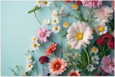 Poster Glanzend – Verschillende Kleuren en Soorten Bloemen op Pastelblauwe Achergrond - 60x40 cm Foto op Posterpapier met Glanzende Afwerking
