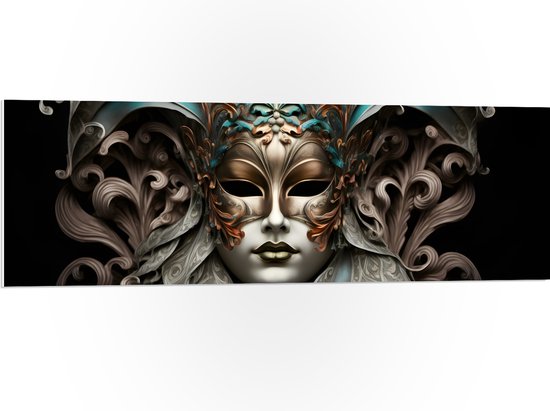 PVC Schuimplaat - Wit Venetiaanse carnavals Masker met Blauwe en Gouden Details tegen Zwarte Achtergrond - 120x40 cm Foto op PVC Schuimplaat (Met Ophangsysteem)