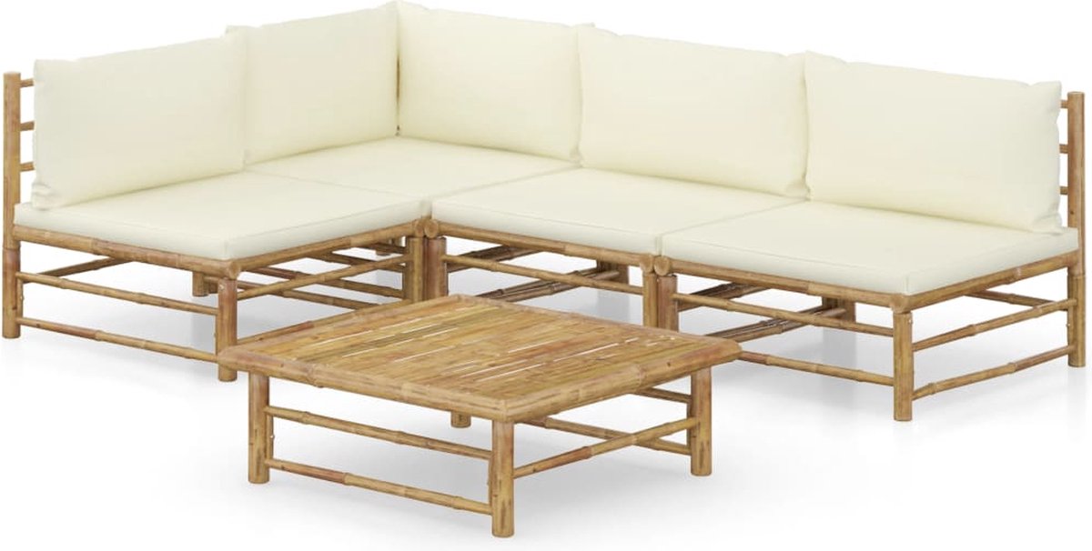 The Living Store Bamboe Loungeset - Hoekbank. Middenbank. Tafel - 65x70x60cm - Comfortabele kussens