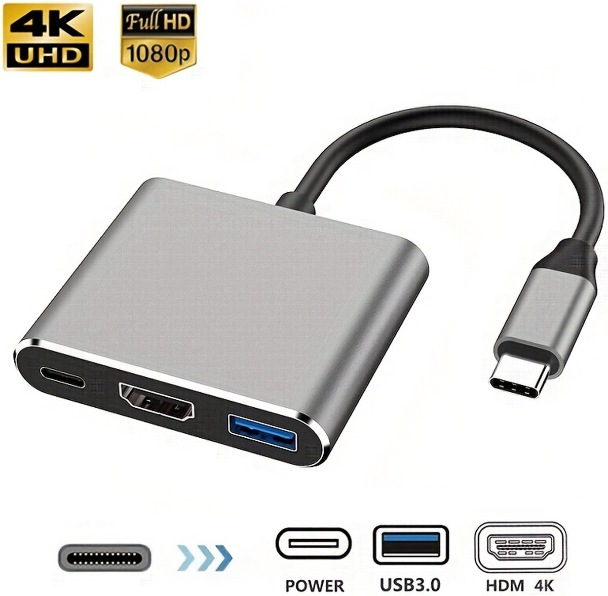 Vitalify® USB-C naar HDMI - 3 in 1 Adapter - 4K@60Hz HDMI - USB C Hub - USB Hub 3.0 (10gbps) - PD100W - USB-C Opladen - Aluminium- Windows - MacBook