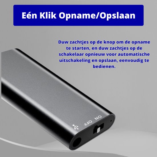 Close-up van de zwarte dictafoon met de tekst 'Eén Klik Opname/Opslaan'.