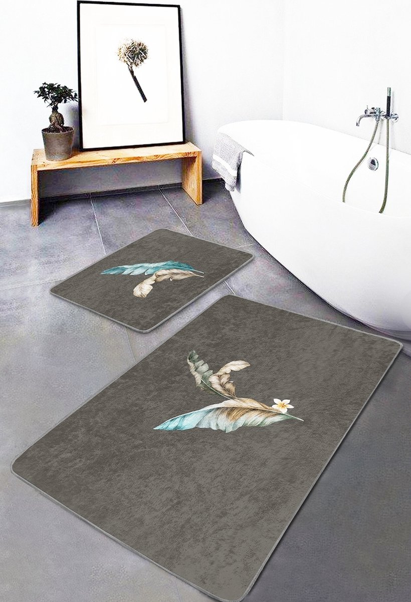 Badmat antislip 2 stuk set - 60x100 & 50x60 - Wc mat - Toiletmat - Blauw&Bruin veren - De Groen Home