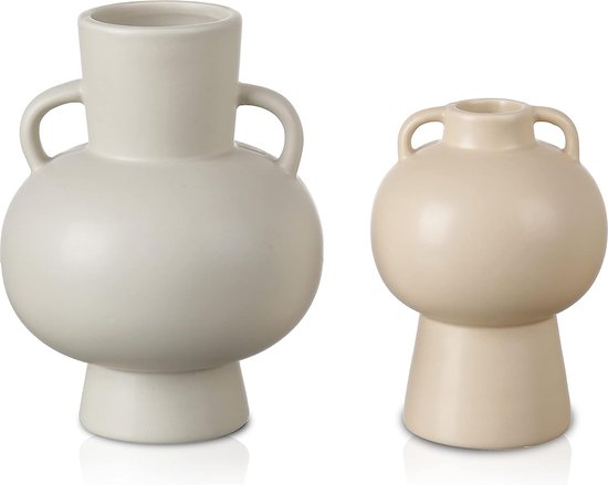 Vaas voor pampasgras, kleine vazen ​​voor tafeldecoratie, set van 2 moderne grijze vazen ​​voor thuis, vaas met handvat voor woonkamer, plank, 18 cm