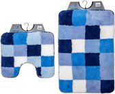 Wicotex - Badmat set met Toiletmat - WC mat met uitsparing Blauw Wit geblokt - Antislip onderkant