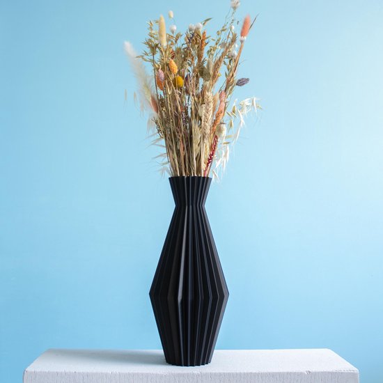 Slimprint Origami Vaas FOLD, Zwart, 15.3 x 35 cm, Decoratieve Vaas voor Droogbloemen, Plantaardig Kunststof