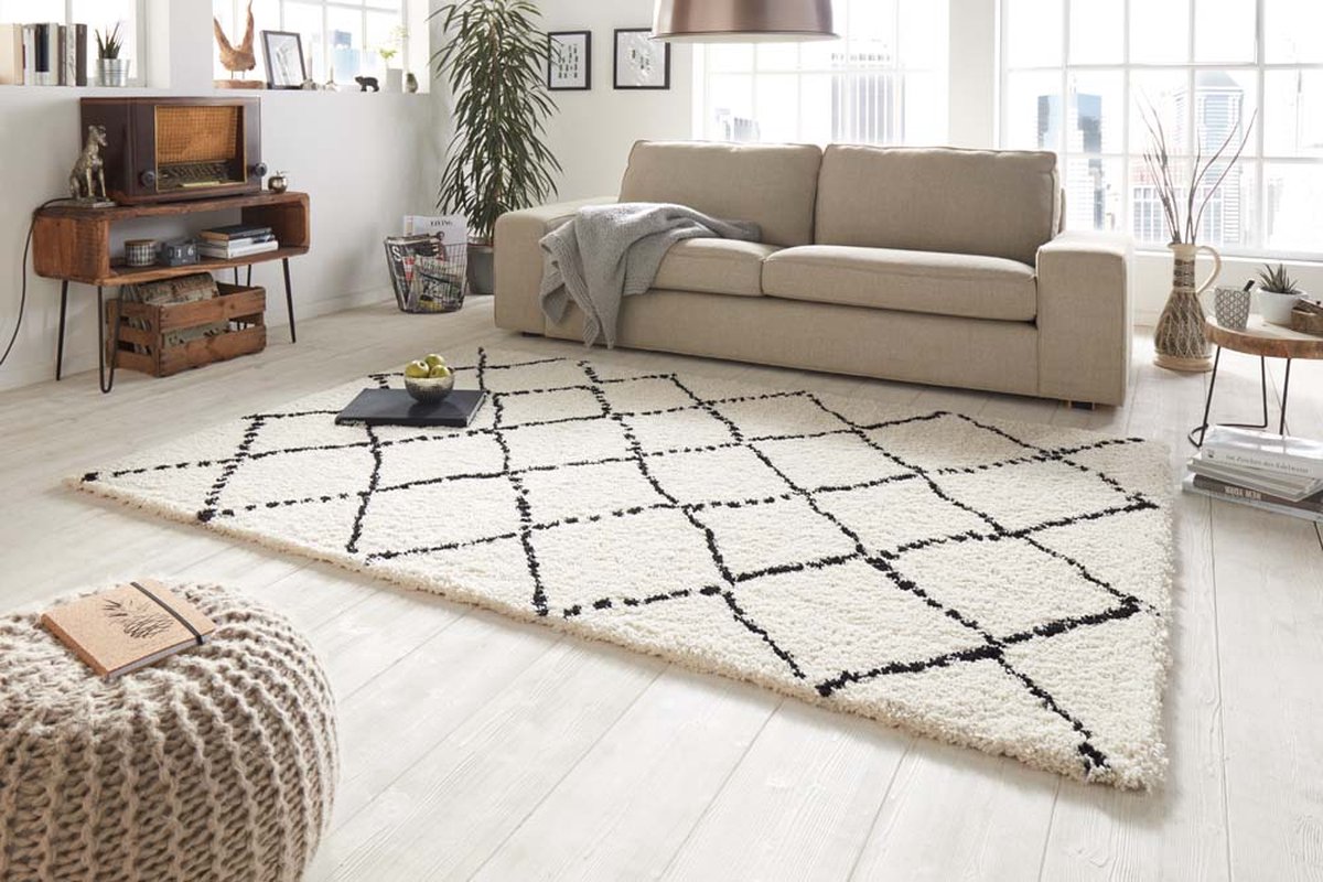 Hoogpolig vloerkleed geruit Allure - crème/zwart 120x170 cm
