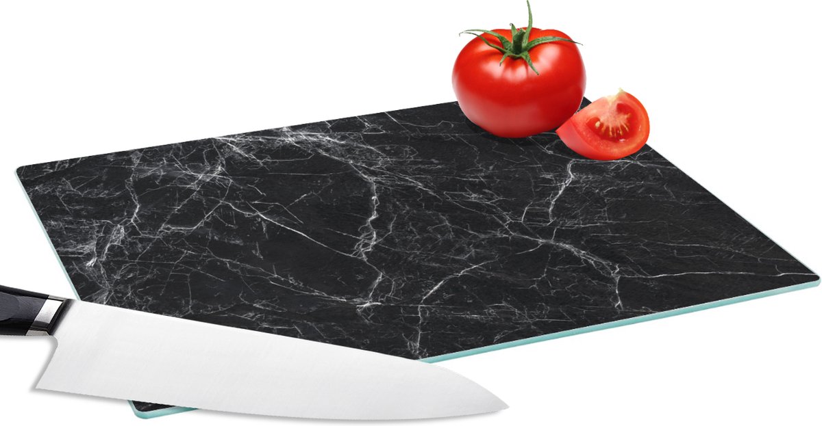 Glazen Snijplank - 28x20 - Marmer - Stenen - Lijn - Marmerlook - Zwart - Luxe - Snijplanken Glas