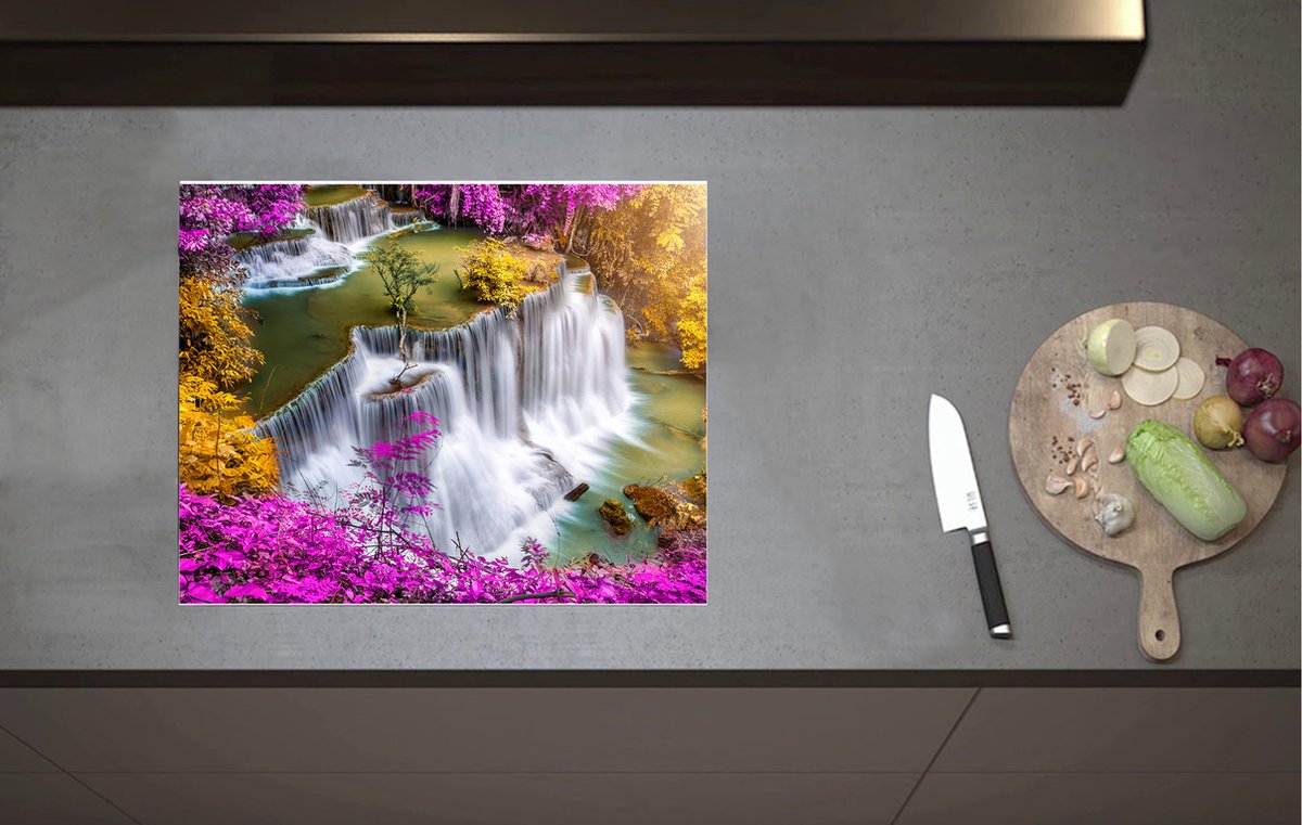 Inductieplaat Beschermer - Bovenaanzicht van Hoge Watervallen omringd door Paars - 60x52 cm - 2 mm Dik - Inductie Beschermer van Vinyl