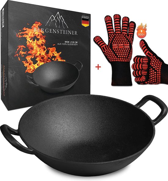 100% gietijzeren wok | 36cm ⌀ Groot | grill, inductie, vuur, gasgrill |  wokpan |... | bol.com