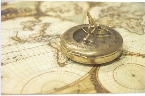 Vlag - Gouden Kompas op Wereldkaart - 60x40 cm Foto op Polyester Vlag