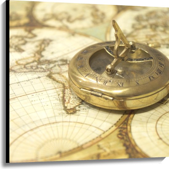 Canvas - Gouden Kompas op Wereldkaart - 100x100 cm Foto op Canvas Schilderij (Wanddecoratie op Canvas)