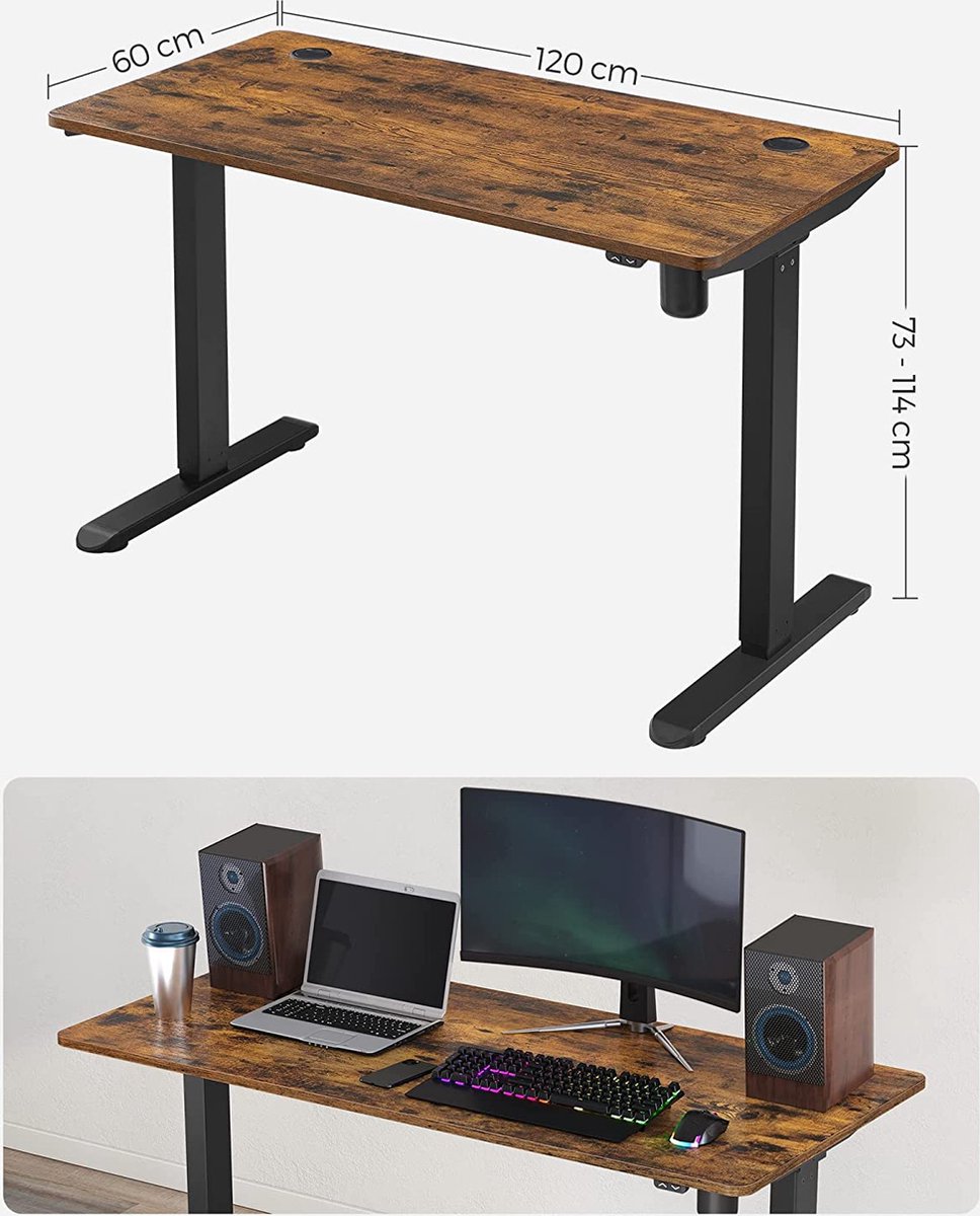 Airfish In hoogte verstelbaar bureau, 120 x 60 cm, met USB-aansluiting, elektrisch bureau met geheugenfunctie, bureau, in hoogte verstelbaar, elektrisch, 73 - 118 cm, grijs