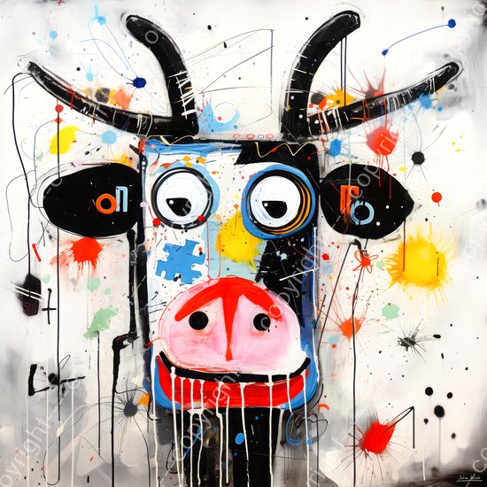 JJ-Art (Aluminium) 80x80 | Gekke koe, abstract modern surrealisme in Joan Miro stijl, kleurrijk, felle kleuren, kunst | vierkant, dier, rood, geel, zwart, blauw, modern | Foto-Schilderij print op Dibond (metaal wanddecoratie) | KIES JE MAAT