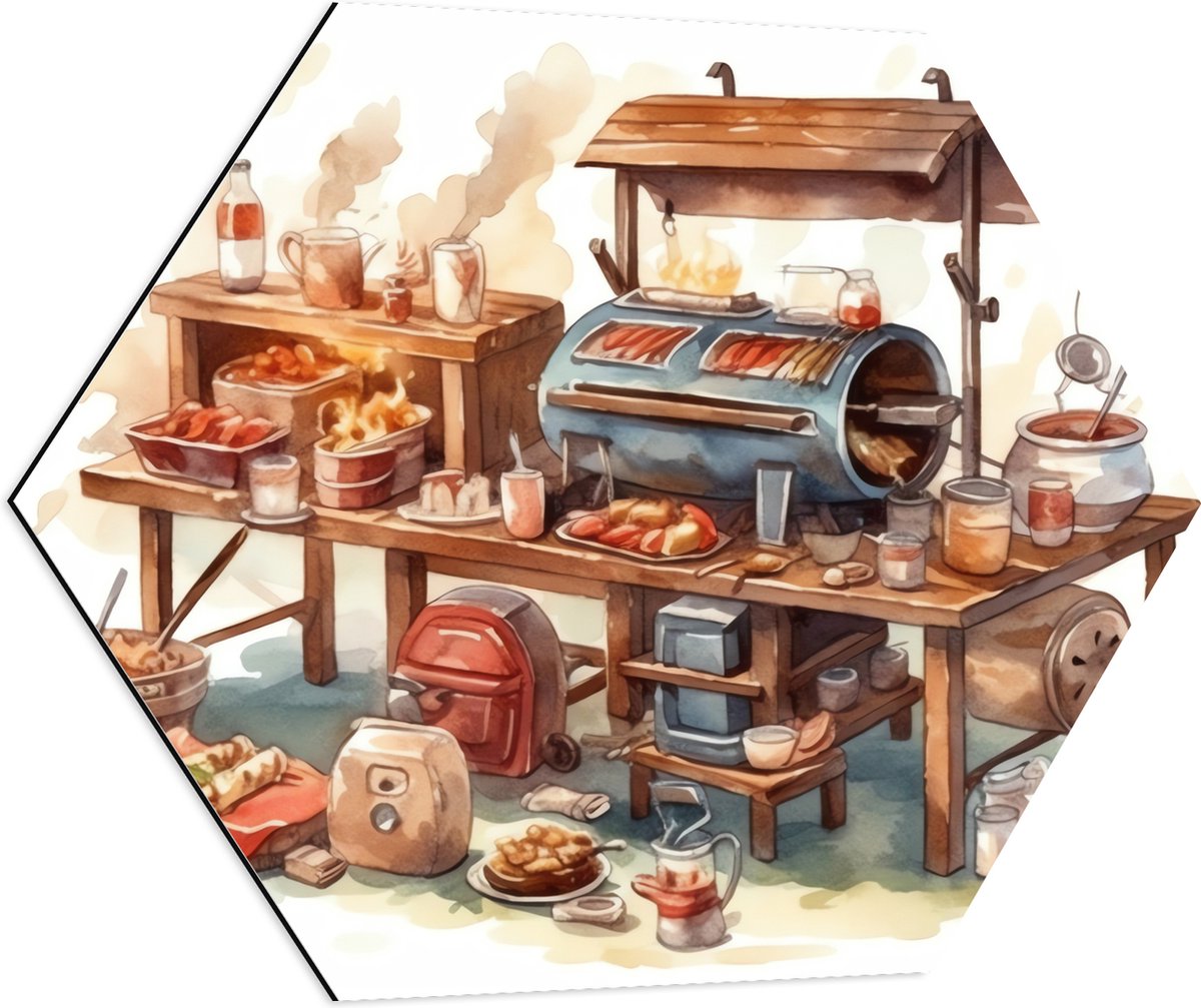 Dibond Hexagon - Tekening van Barbecue - 70x60.9 cm Foto op Hexagon (Met Ophangsysteem)