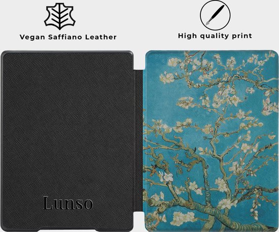 Lunso - Geschikt voor Kobo Aura H20 Edition 1 hoes (6.8 inch) - Vegan Saffiano Leren sleep cover - Van Gogh Amandelbloesem - (niet voor de Kobo Aura edition 1) — afbeelding 5