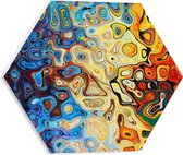 PVC Schuimplaat Hexagon - Mix van Blauwe, Gele en Oranje Rondjes - 40x34.8 cm Foto op Hexagon (Met Ophangsysteem)