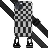 Selencia Hoesje Geschikt voor iPhone 14 Hoesje Met Koord - Selencia Siliconen design hoesje met afneembaar koord - Zwart / Irregular Check Black