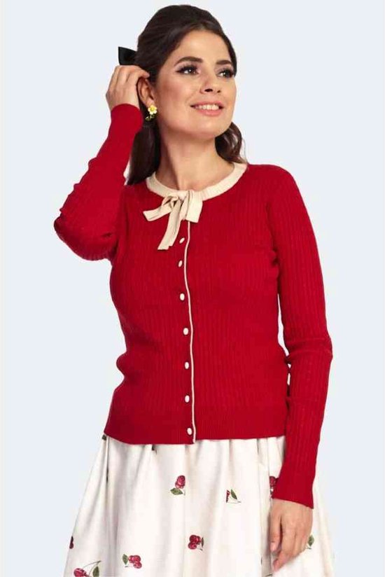 Voodoo Vixen - Contrast Piping Front Bow Cardigan - Rood