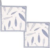HAES DECO - Set van 2 Pannenlappen - formaat 20x20 cm - kleuren Blauw / Wit / Grijs - van 100% Katoen - Collectie: Nautic Fish - Pannenlap