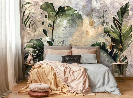 Papier peint photo - Papier Peint Vinyl - Jungle Art sur Mur Béton - Feuilles - Plantes - 520 x 318 cm