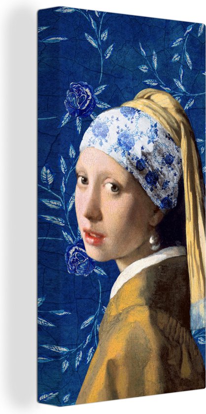 Canvas Schilderij Meisje met de parel - Delfts blauw - Vermeer - Bloemen - Schilderij - Oude meesters - 40x80 cm - Wanddecoratie