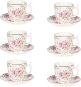 HAES DECO - Tasse et Soucoupe set de 6 - contenance 60 ml - coloris Wit / Rose - Porcelaine Imprimée à Fleurs - Service à thé, Service à café, Tasses à thé, Tasses à café, Cappuccino