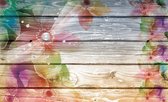 Fotobehang - Vlies Behang - Kleurrijke Bloemen op Hout - 416 x 254 cm