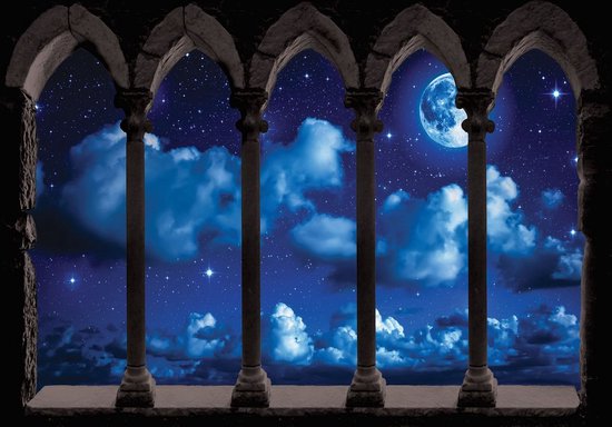 Foto: Fotobehang vlies behang uitzicht op de sterren en maan door de pilaren 3d sterrenhemel 208 x 146 cm