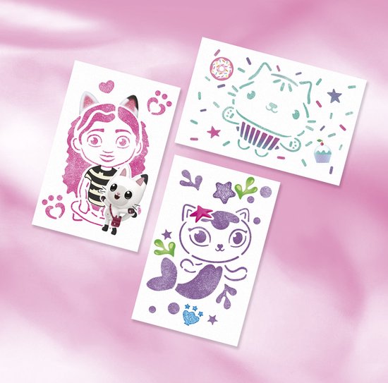 Drie kaarten met Gabby's Poppenhuis thema: Gabby met kat, een kattenfiguur en een zeemeerminkat.