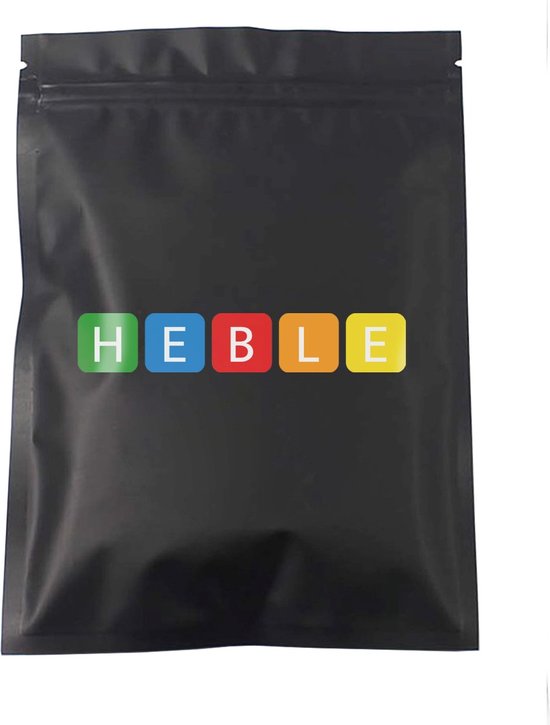 Emballage noir refermable avec le logo Heble en carrés colorés.