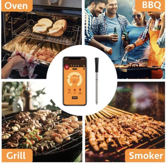 Vleesthermometer Draadloos met App - BBQ Thermometer met Bluetooth - Oventhermometer - BBQ accesoires - RVS - ZWART