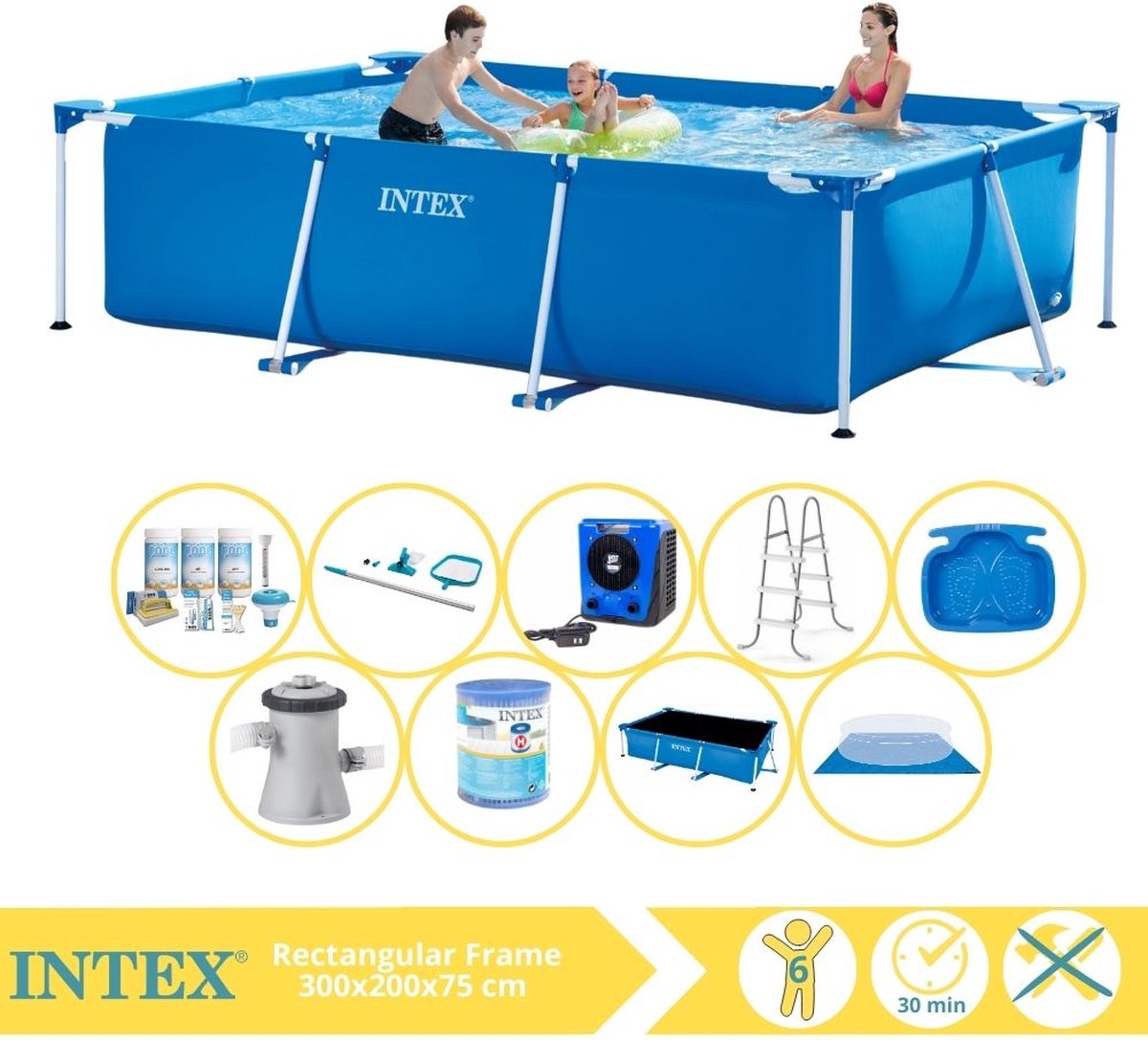 Intex Rectangular Frame Zwembad – Opzetzwembad – 300x200x75 cm – Inclusief Solarzeil Pro, Onderhoudspakket, Zwembadpomp, Filter, Grondzeil, Onderhoudsset, Trap, Voetenbad en Warmtepomp HS