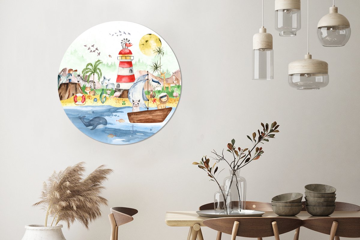 Muurcirkel kinderkamer - Waterverf - Strand - Dieren - Natuur - Kinderen - Kinderkamer decoratie - Ronde schilderijen - Wandcirkel - 90x90 cm - Ronde wanddecoratie