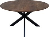 Floor tafel met rond Mango houten blad, doorsnede 150 cm. met facetrand aan onderzijde. Bladkleur bruin gezandstraald. Onderstel is een spinpoot in de kleur zwart.
