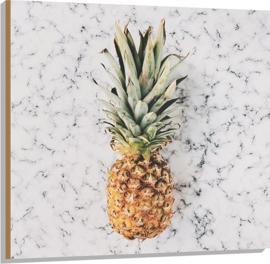 Hout - Ananas op Marmeren Achtergrond - 100x100 cm - 9 mm dik - Foto op Hout (Met Ophangsysteem)