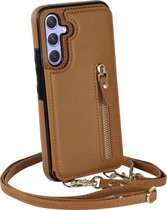 Casemania Hoesje Geschikt voor Samsung Galaxy A14 Bruin - Luxe Back Cover met Koord - Wallet Case - Pasjeshouder