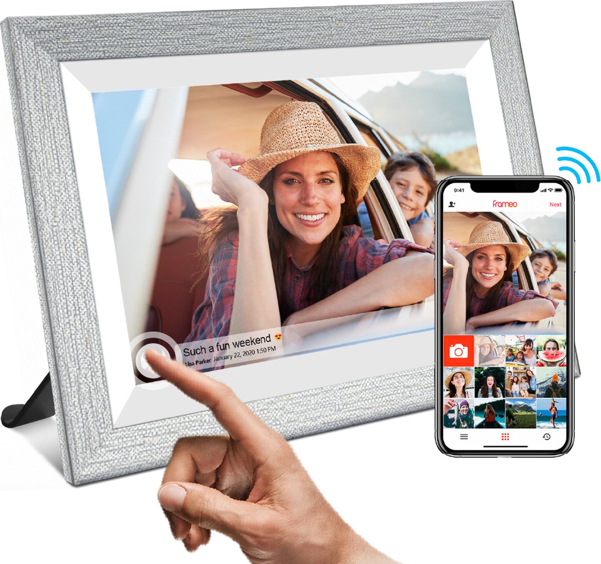 Digitale Fotolijst met WiFi & Touchscreen - Digitale Fotolijsten - Digitale Fotokader - Frameo App - 10.5inch HD+ -IPS Display - Houten Frame - Grijs