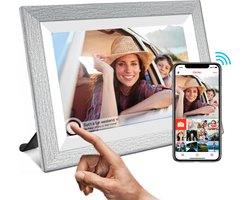MemoMemory Digitale Fotolijst met WiFi & Touchscreen - Digitale Fotolijsten - Digitale Fotokader - Frameo App - 10.5inch HD+ -IPS Display - Houten Frame inclusief: Ophangsysteem & Microvezel Doekje - Grijs