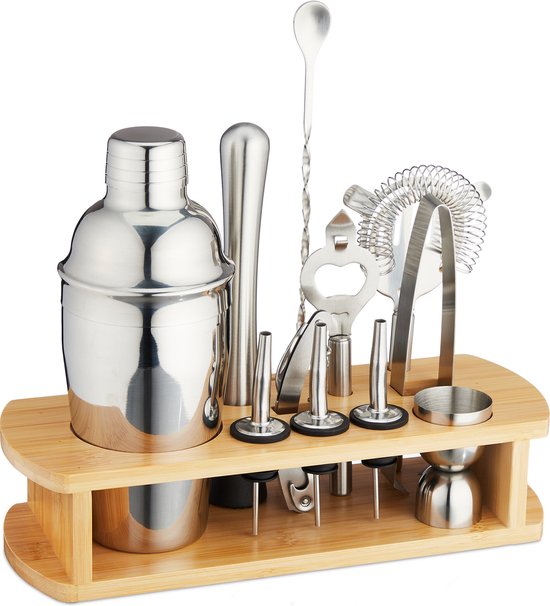 Set Barman Professionale Relaxdays | 6 Accessori In Acciaio Inox + Fiaschetta 1,8L | Shaker 500ml - 6
