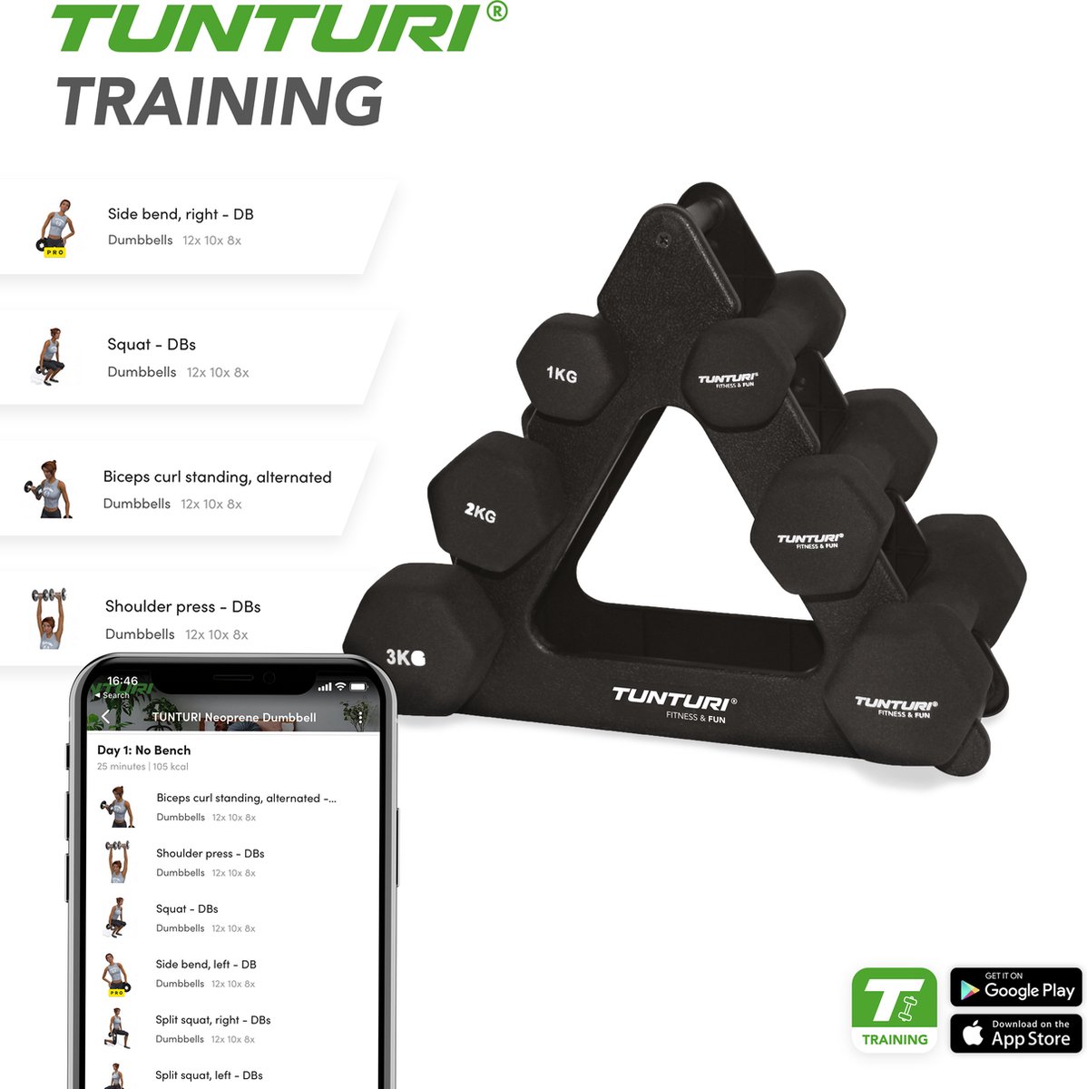 Tunturi Gewichten - Halterset - Dumbbell Set - Neopreen Dummbbells - 1 t/m 3kg - 3 Paar - Incl. gratis fitness app – foto 5