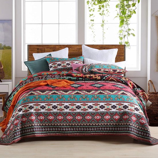 220 x 240 cm, boho-stijl, deken van microvezel voor bed, Indiaas tweepersoonsbed, bedsprei, kleurrijke gewatteerde dekenset met kussen