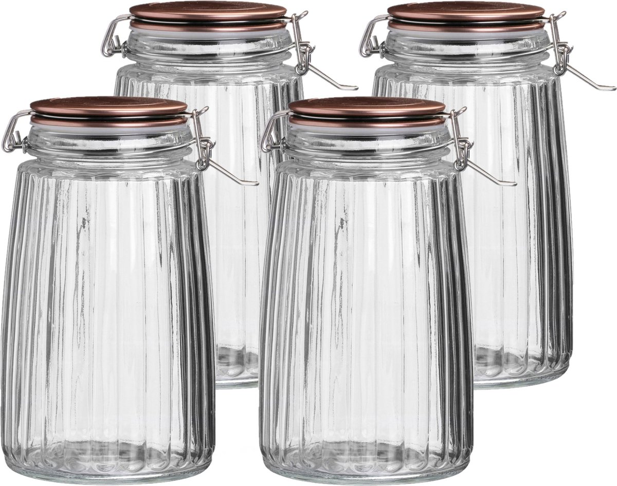 Urban Living Voorraadpot/bewaarpot - 4x - 1,8L - glas - met beugelsluiting - koperen deksel