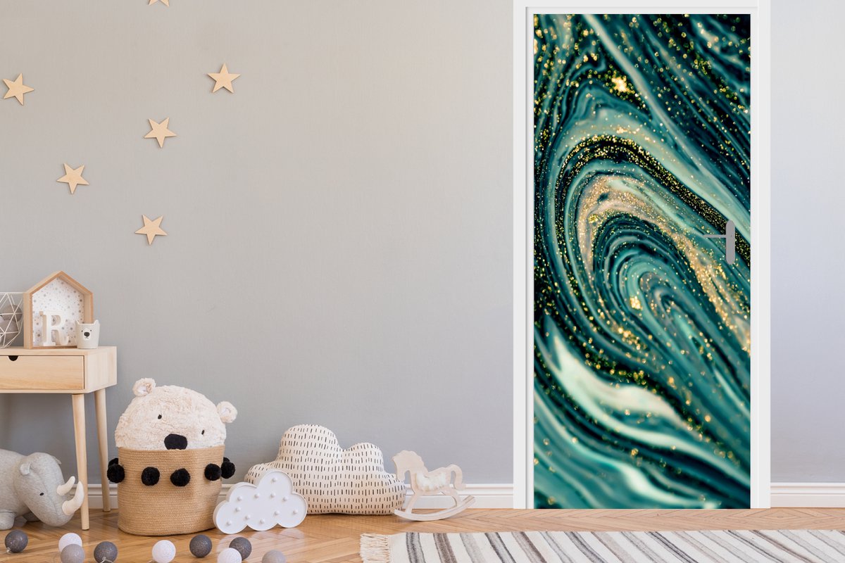 Deurposter 80x205 cm - Deursticker Marmerlook - Luxe - Goud - Turquoise - Glitter - Meubel